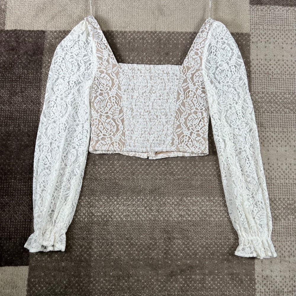 Blush Boutique White Lace Corset Crop Top Long Puff Sleeve‎ Hook & Eye Womens S